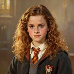 Painting of Emma Watson as Hermione Granger. Art by william adolphe bouguereau. During golden hour. Extremely detailed. Beautiful. 4K. Award winning.