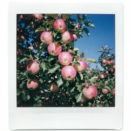 analog polaroid of an apple tree, many pink red apples, cyan blue sky, lens flare, color bleed