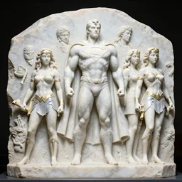 a giant white marble sculpture depicting the Justice league, detailed, intricate Marble sculptures of The Superman, Wonder Woman all carved out of one giant Block of Marble