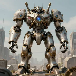 symmetrical steampunk warrior, giant juggernougt mecha with two legs, details and decals in the utopia city. sci - fi, by mandy jurgens, ernst haeckel, james jean
