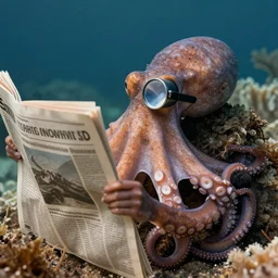 an octopus octopus is wearinga reading a monocle. newspaper. nature photography