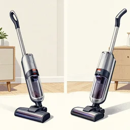 angled views of a vacuum cleaner in a home interior, perspective, motion graphics, detailed, editorial illustration, halftone texture, risograph, dynamic pose, matte print, grainy light, ( ( dither ) ). [ abstract background! ], high contrast, silver + red + black + beige