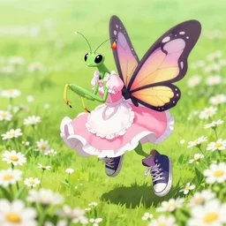 butterfly pokemon with black eyes and antennae like a mantis wearing a floe pink maid dress floating over a field of daisies wearing converse skater shoes and a witch hat, concept art by pusty xox artstation