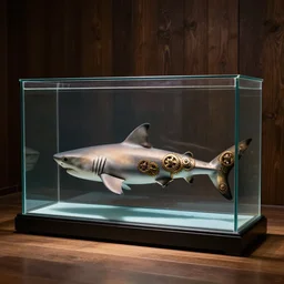 a glass rectangle box, a shark is inside, inside is a big shark with steam punk gears for a tail, museum display, dark wooden walls, studio lighting