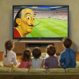 family watching sporting event on tv, painting by Salvador Dali