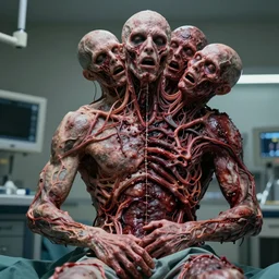 stunning documentary style photo of experimental surgery of a man sewn together to another man with multiple heads multiple arms grotesque twisted vein covered splotchy skin of despair, painful merging of bodies disgusted siamese horror conjoined psychotic painful people award winning style photography