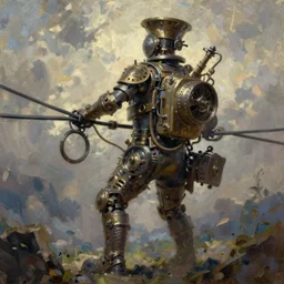 realistic oil painting of a steampunk 👼 on wires