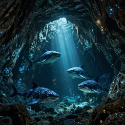 Underwater luminescent cave with Leviathans, eerie, emotion, moody, concept art, cinematic
