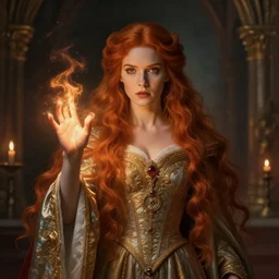 Fantastic, fairytale, portrait,  painting, beautiful!, female mage, long flowing red hair, light emitting from fingertips, ornate gown, smoldering, serious, royalty kingdom, royal court, hyperreal, photoreal
