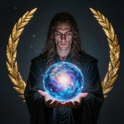 man holding the universe after becoming a god, hd, photorealistic, award winning photo