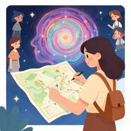 cute cartographer lady looking over a large paper map of psychedelic human cosmic consciousness. clean cel shaded vector art. shutterstock. behance hd by lois van baarle, artgerm, helen huang, by makoto shinkai and ilya kuvshinov, rossdraws, illustration