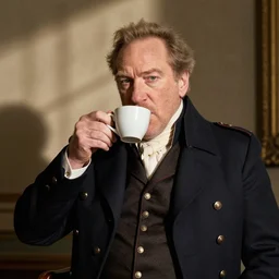 Harvey Weinstein in 18th century British officer\'s outfit, drinking coffee