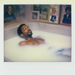 a photo of nile rodgers laying in milk, cinematic, cottage core, cinematic focus, polaroid photo bleached vintage pastel colors high - key lighting, soft lights, foggy, by steve hanks, by lisa yuskavage, by serov valentin, by tarkovsky, 8 k render, detailed, oil on canvas