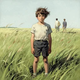 the sandman as a young boy, standing in a field of tall grass with the wind blowing through his hair by brian despain and joseph stella