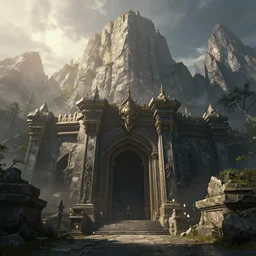 a beautiful hyper realistic detailed matte painting of the entrance to a dungeon of the gods at the base of an ancient mountain, dramatic lighting, dynamic lighting, cinematic lighting, lit by morning light, by finnian macmanus and jessica rossier, unreal engine, featured on artstation, ultrawide angle, f 8