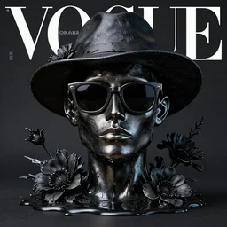 a head made out of melting metal, dark palette, it is wearing sunglasses and a hat, there are flowers all around it, black paint melting, vogue cover style, demonic style, smooth fractal style