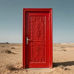 huge detailed red door standing in wasteland in style of zdzisław beksinski, fractal patterns,