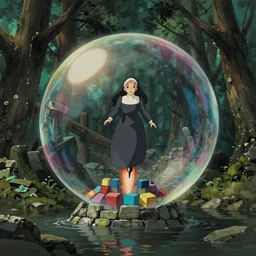 pov hyperrealist, dull colors, interior shot from howls moving castle 2 0 0 4 of a nun rocketing into a multicolored cubic bubble in a flooded woodland stonehenge pyramid. bubble.