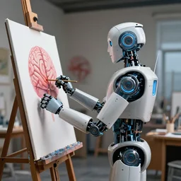 a high resolution photo of a!! robot painting a picture of a human brain!!, standing in an! artist's studio!, hyper detailed, photography, realistic, art, 8 k, unreal engine, cinematic, shallow focus, f 2. 8 mm