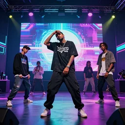 multicultural rap show with vaporwave light show, digital art, hip hop, tron, trending on Artstation, professional artist, detailed, 4k