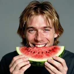 a photograph of happy kurt cobain eating watermelon