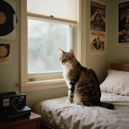 photography polaroid of a Jack Cat . watching outside the window. on a bed. in a 70's room full of vinyls and posters, photorealistic, award winning photo, 100mm, sharp, high res