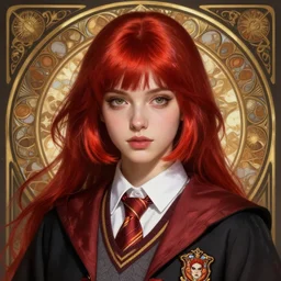 portrait cute female, magic school uniform, dnd fantasy magic, long bob cut hairstyle, iridescent red hair, cinematic rim light, intricate, elegant, sharp focus, illustration, highly detailed, digital painting, concept art, matte, art by wlop and artgerm and greg rutkowski and alphonse mucha, masterpiece
