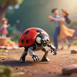 ground level shot of a ladybug on a robotic ( my little pony ). the ladybug has hands and legs. there's also someone doing polka dancing in the background. maybe a picnic? digital art, professional, high quality, dramatic lighting, dof, bokeh, action