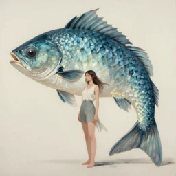 fantasy art, animal conceptual artwork, woman with giant fish, surreal painting, illustration dream and imagination concept, mystery of nature