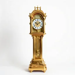 golden grandfather clock, photorealistic, isolated on a pure white background, centered, entire object in frame, sharp focus, soft studio lighting