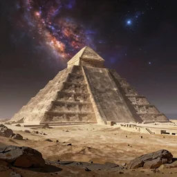 a desolate landscape with a single massive ancient alien pyramid in the distance, cosmic, interstellar, vivid sky, digital art, matte painting, concept art, intricate, epic, depth, artstation, Noah Bradley, Greg Rutkowski, highly detailed, mysterious, octane render, 8k,