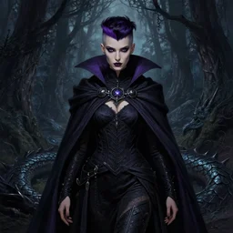 frontal portrait dark witch, adventurer outfit large cloak, fantasy forest landscape, dragon scales, fantasy magic, undercut hairstyle, witch purple black fade hair, dark light night, intricate, elegant, sharp focus, illustration, highly detailed, digital painting, concept art, matte, art by wlop and artgerm and greg rutkowski and alphonse mucha, masterpiece