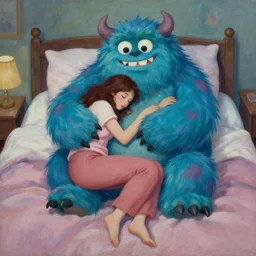 a surreal painting of a woman hugging a monster while in bed