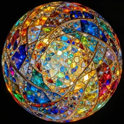 inside a sphere with colorful walls made of faceted crystals, interconnected, 360 degree view, dynamic lighting, 4k, HQ, hyper realistic, octane render, colorful, vibrant, venetian glass, amazing details, by james jean, brian froud, ross tran, alphonse mucha