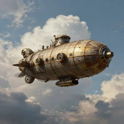 a beautiful realism painting of a steampunk airship in the sky, cumulus clouds, cinematic, highly detailed