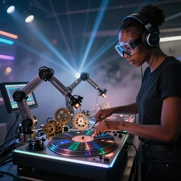 a black woman wearing goggles and visor and headphones using an intricate clockwork record player turntable contraption, robot arms, computer screens, turntablism dj scratching, intricate planetary gears, cinematic, sharp focus, led light strips, bokeh, iridescent, black light, fog machine, hazy, lasers, spotlights, motion blur, color