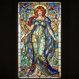 full - body stained glass artwork, imogen poots paladin, by yoann lossel, jakub rebelka. art nouveau neo - gothic stained glass by mucha. dota. swirly intricate glass linework background. gaudy colors, sharp edges. ultra clear detailed. 8 k. elegant. octane render