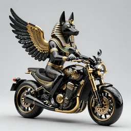 fine art statue of black egyptian god anubis on a surrealist motorbike, ebony art deco, carved black marble, inlaid with ebony and gold accents, ebony rococo, wings black lace wear, sculpted by spider zero, zaha hadid, trending on artstation, beautifully lit, hyper detailed, insane details, intricate, elite, ornate, elegant, luxury, dramatic lighting, photorealistic, octane render, micro details, 3 d sculpture, structure, ray trace # zaha hadid # golden ratio # key art