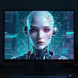 A broken monitor with a calm AI android's face on it. Very very very strong glitches on the monitor. The monitor is cracked. The face is blurry with glitches. Extremely high detail, glitchcore, glitches, glitch, cyberpunk, 8k render