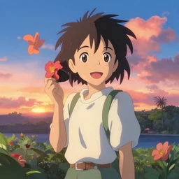 Beautiful anime in Hawai, sunset, happy feeling, hawain flower by Makoto Shinkai