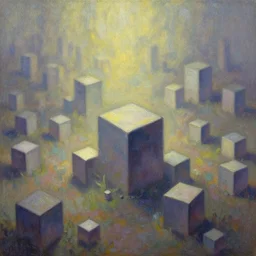cubes growing on the grond. gouache fairytale art, russian romanticism, muted palette, psychedelic art, backlighting, depth of field