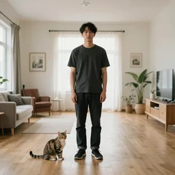 a full body portrait of a man and a cat in a wide room. the cat is 1 meter to the left of the man