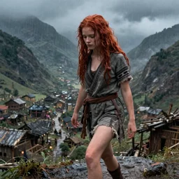 a beautiful girl, messy long red hair and wet grey tribal clothes, short torn up pants, she is walking on a mountain and we see down in a deep valley a very poor old shanti town with wooden ruins, medieval time, heavy rain, late at night, mist, cinematic, highly detailed, digital painting, artstation, m, smooth, sharp focus, art by artgerm and greg rutkowski and alphonse mucha and william - adolphe bouguereau