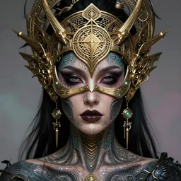 hyperrealistic detailed face portrait of the beautiful dark goddess with an intricate golden ornamental geometrical ritual mask, intricate cyberpunk tattoos, glowing ceremonial markings, emotionally dark figure, insane details, art by ernst haeckel, nekro borja, android jones, gothic - cyberpunk, ornamental, dimmed pastel colours,