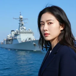 woman stared at camera. blue colours. naval maritime scene