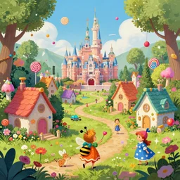 photo of village whimsical fairy wonderland vibrant colors candyland wonderland by artgerm and greg rutkowski and magali villeneuv art beeple, by thomas kinkade hearstone league of legends dofus beatrix potter