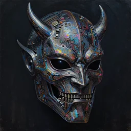 dark cyborg demon mask, made of intricate complex circuitry and microchips, iridescent, colorful, intricate linework, realistic oil painting, rutkowski, wlop, chebokha, artgerm