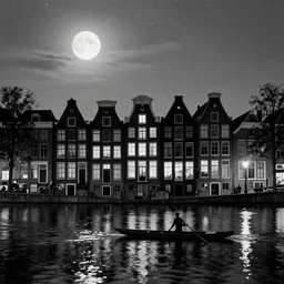 Dutch houses along a river, silhouette!!!, A single circular white full moon, dim sky, soft glowing windows, lots of stars!! in the sky, b&w!, Reflections on the river, a man is punting, flat!!, Front profile!!!!, HDR, soft!!, street lanterns glow, shimmers, 1904, illustration, shadowy figures