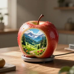 A home nanotech appliance halfway through fabricating an apple