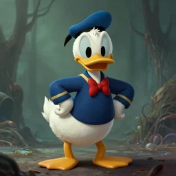 Donald Duck, very low angle photograph, very detailed, trending on artstation, hyperrealistic, soft colors, simon stålenhag, lovecraft, horror